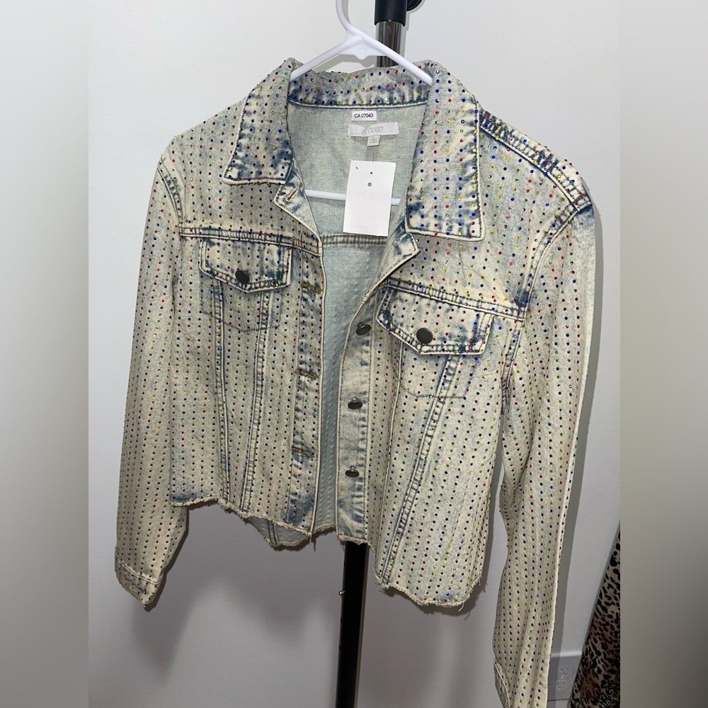 VEVERET MULTI COLOR STRIPE RHINESTONE DENIM JACKET US L NWT